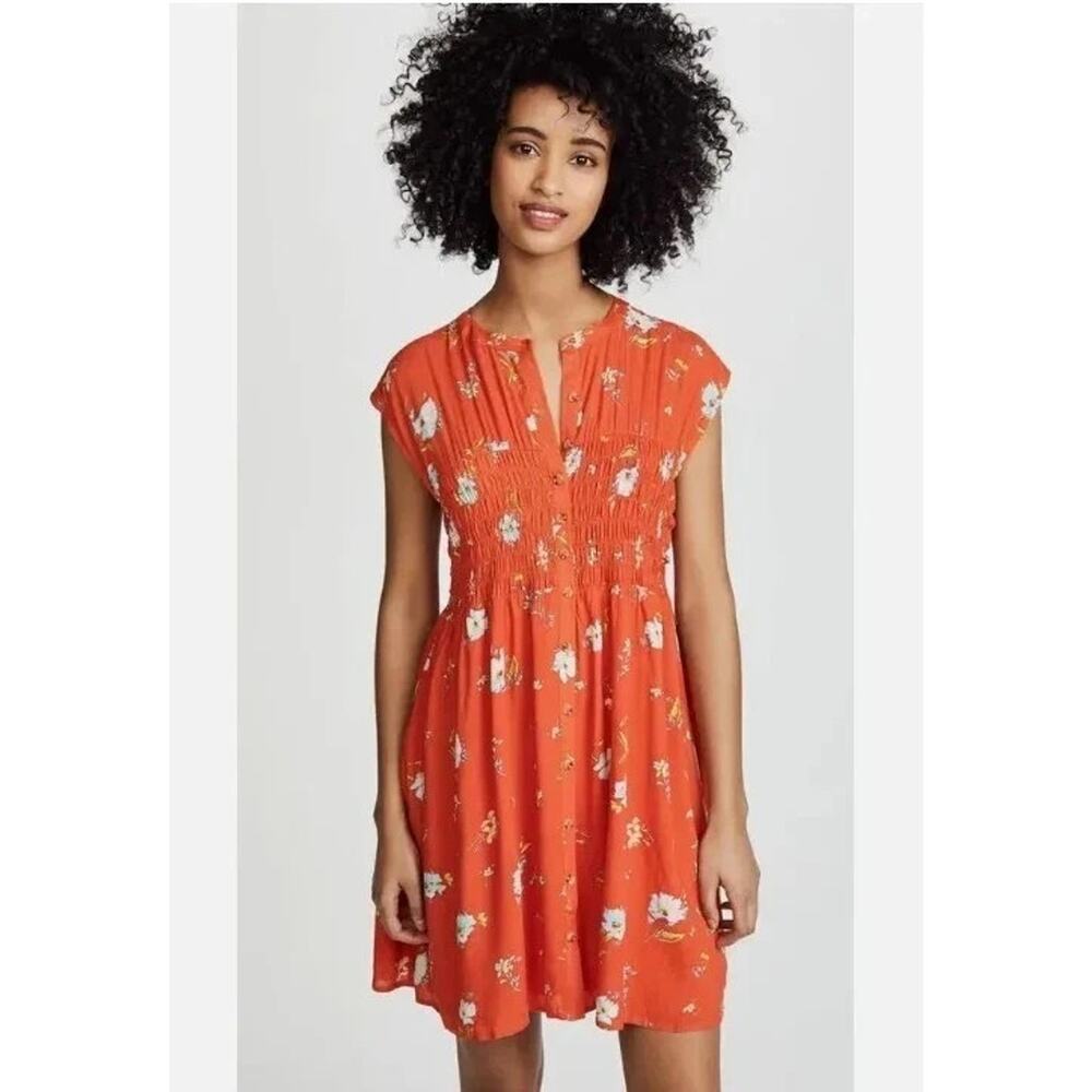 Free People Greatest Day Orange Floral Smocked Mini Dress Medium